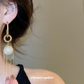 Gold Pearl and Chain Tassel Earrings with Circular Links view 3