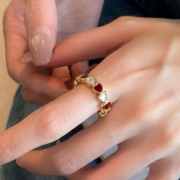 Gold Open Ring Red Enamel Hearts Clear Heart Stones