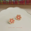 Gold Enamel Chinese Flower Coral Sage Stud Earrings view 1
