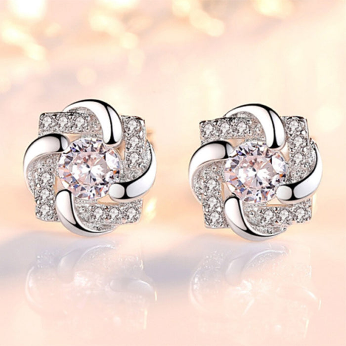 Silver Square Flower Petal Clear CZ Stud Earrings Pair
