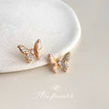 Gold Butterfly Stud Earrings Pink Enamel Crystal Wing Pair view 2