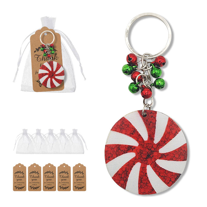 Red White Peppermint Wood Disc Keychain Jingle Bells