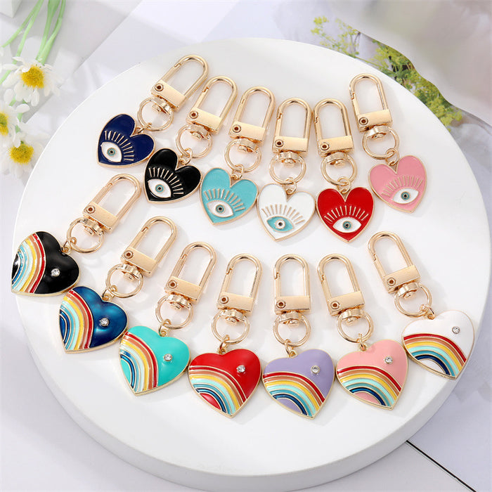 Gold Tone Colorful Enamel Heart Eye and Rainbow Clip Keychains