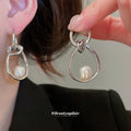 Abstract Hoop Pearl Drop Earrings In Two Metal Tones view 3