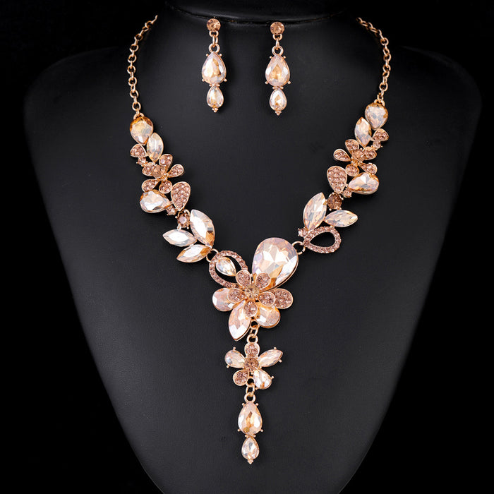 Black Silver Tone Champagne Floral Vine Crystal Five Designs Metal Necklace and Earring