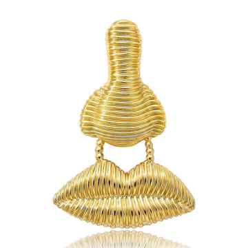 Gold Tone Nose and Lips Dangle Brooch with Textured Linework
