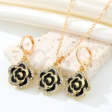 Gold Tone Black Rose Pendant Necklace and Huggie Earrings