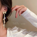 Crystal Bow Long Chain Pearl Tassel Statement Earrings view 4