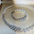 Silver Pearl Crystal Flower Bracelet Matching Pearl Necklace view 1