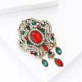 Ornate Red Crystal Brooch With Green Teardrop Dangles view 4