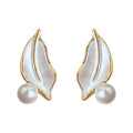 Gold Tone White Leaf And Pearl Accent Stud Earrings For Women view 5