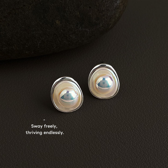 Silver Tone Irregular Oval White Pearlescent Center Stud Earrings