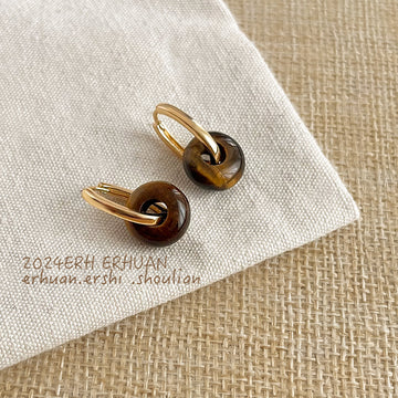Gold Huggie Hoop Earrings Brown Tiger Eye Donut Stone