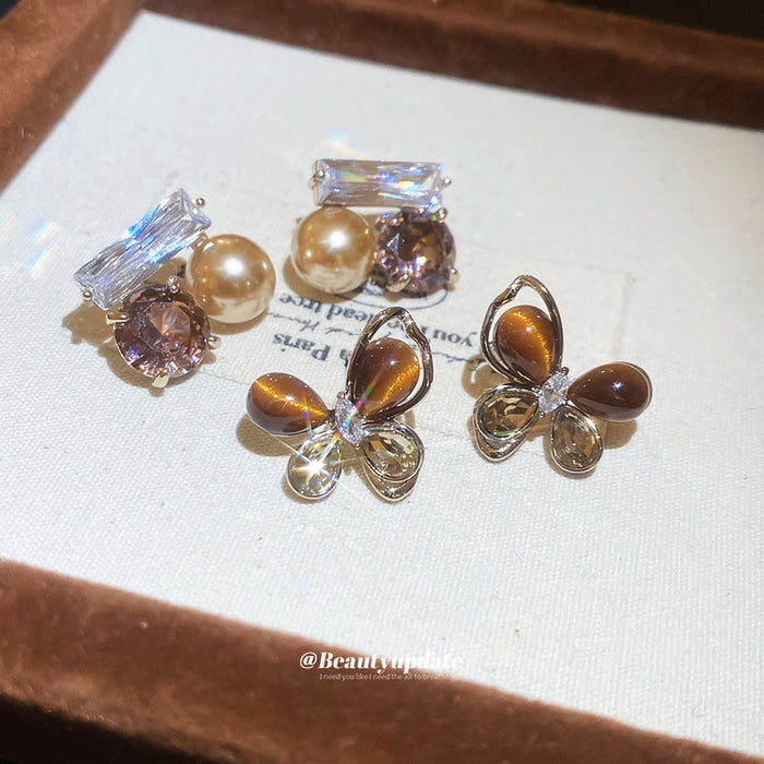 Silver Brown Butterfly Crystal Stud Earrings Statement Jewelry