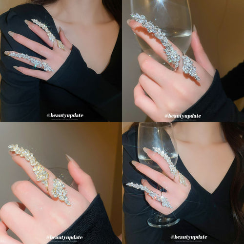 Gold and silver marquise crystal leaf open rings worn on fingers collage