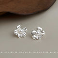 Silver Textured Five Petal Pearl Flower Stud Earrings view 4