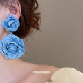 Blue Fabric Double Flower Drop Stud Earrings Jewelry Pair view 3