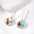 Gold Tone Round Pressed Flower Resin Long Hook Earrings view 3
