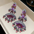 Silver Red and Pink Fan Drop Earrings with Ornate Fringe view 6
