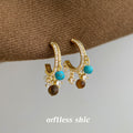 Gold Pavé C-Hoop Charm Earrings Tiger Eye Turquoise Shell view 4