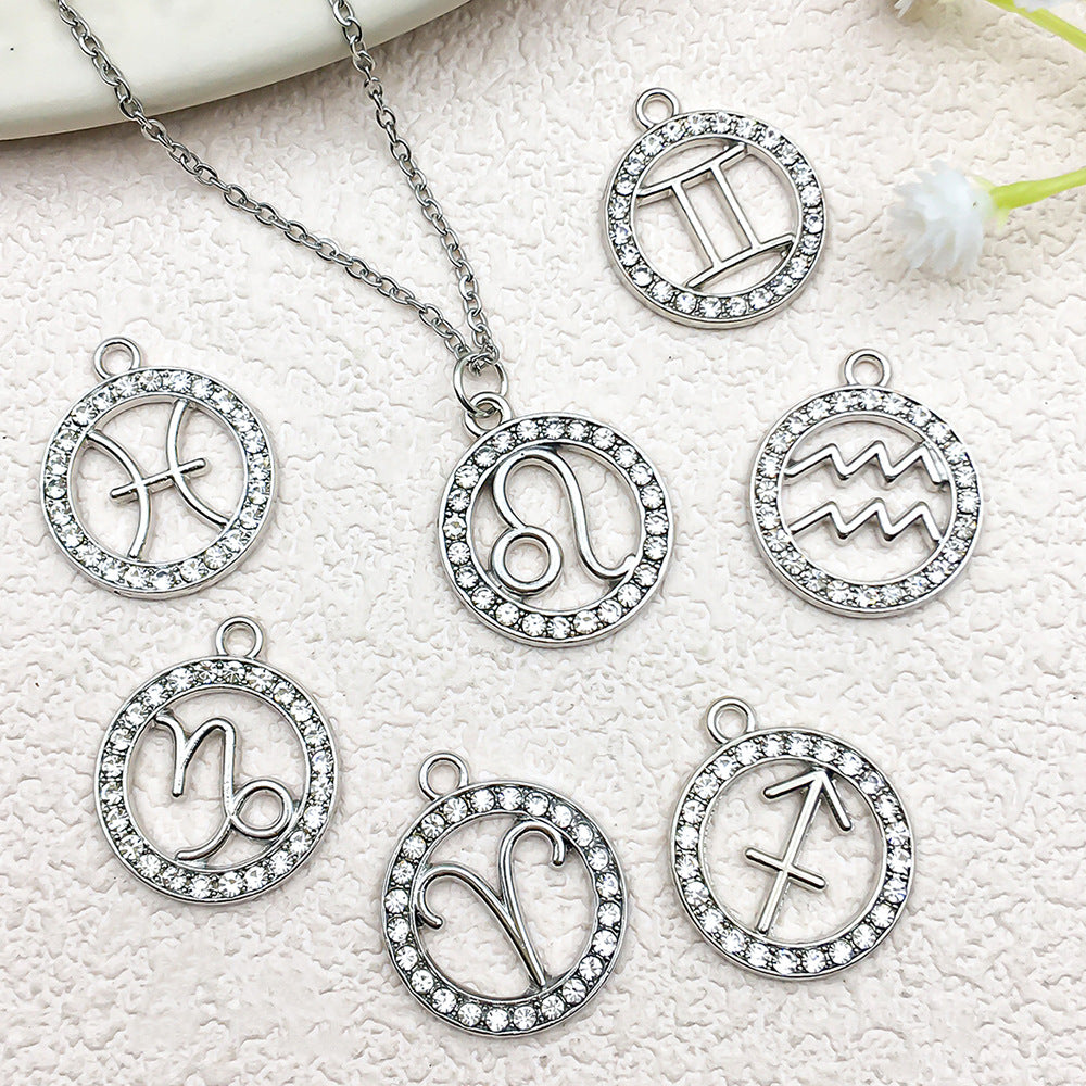 Rhinestone Zinc Alloy Zodiac Round Tag charm pendants for DIY keychains bracelets necklaces