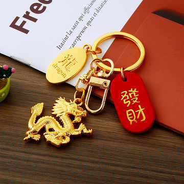 Gold Dragon Keychains with Message Tags or Tassels in Eight Designs