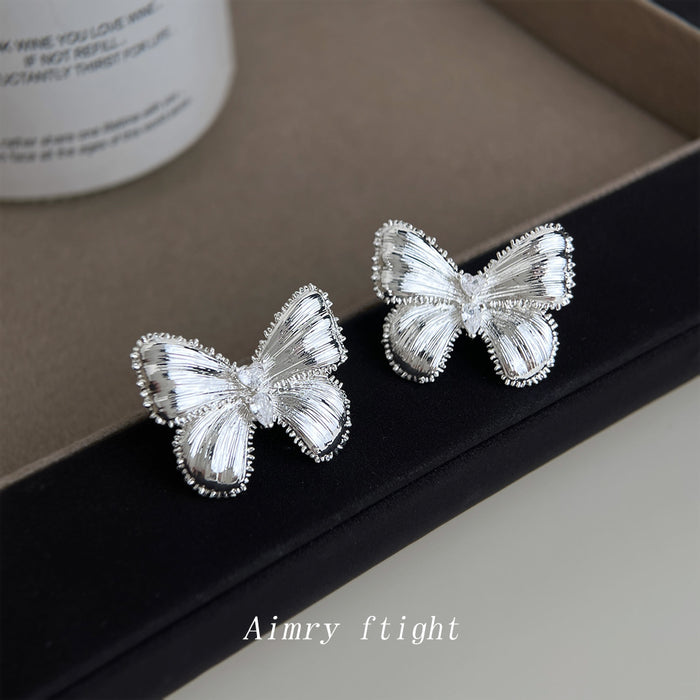 Silver Brushed Butterfly Stud Earrings Micro Zircon Pair