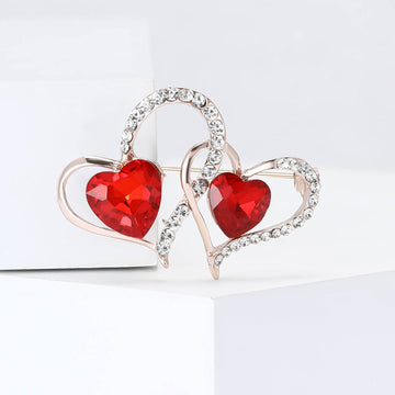 Interlocking Double Heart Brooch With Red and Clear Crystals