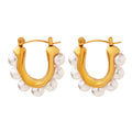 Gold U-Shape Hoop Earrings White Faux Pearl Accents view 5