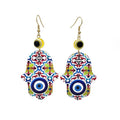 Gold Tone Printed Acrylic Hamsa Hand Evil Eye Hook Earrings in Eleven Designs view 5