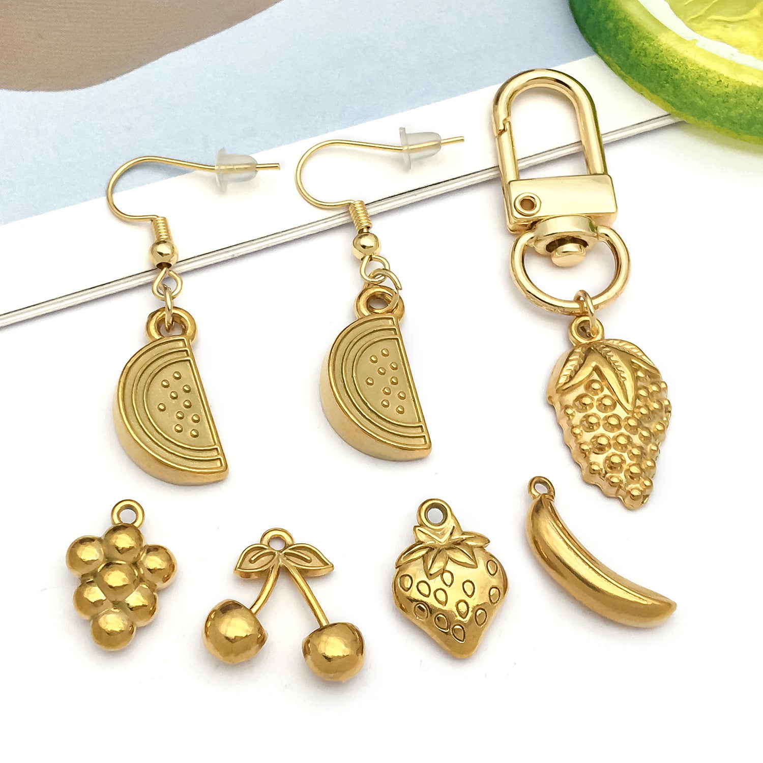 Gold Stainless Steel Cherry Strawberry Banana Charm Pendant for DIY Earrings Necklace