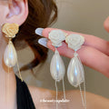 Rose And Pearl Effect Chain Tassel Drop Earrings Jewelry view 2