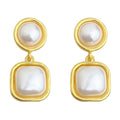 Gold Round Square Frame Pearl Drop Stud Earrings Pair view 5
