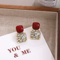 Red Square Clear Baguette Mosaic Statement Dangle Earrings view 2