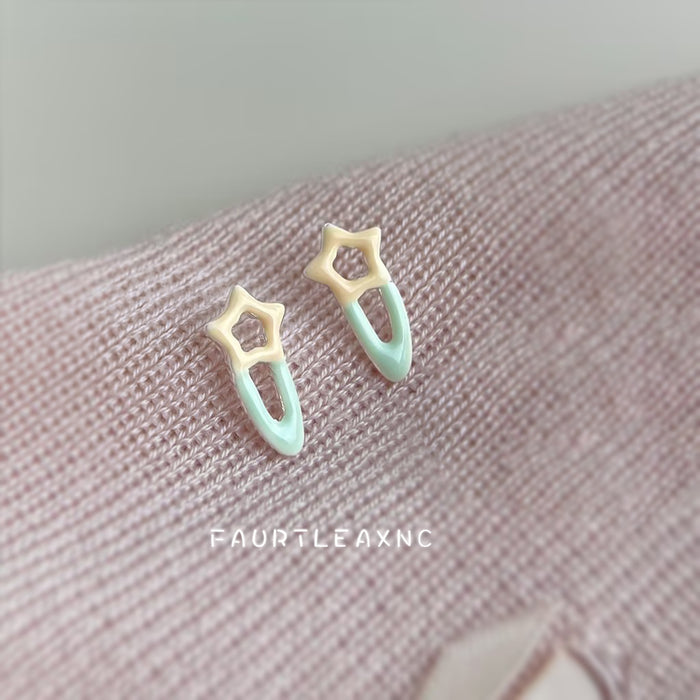 Mint Green Cream Enamel Star Hairpin Stud Earrings Pair