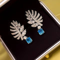 Crystal Leaf and Blue Square Drop Earrings in Silver Tone view 4