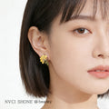 Yellow Enamel Peony Flower Gold Stud Earrings Green Leaf view 2