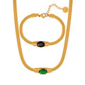 Gold Herringbone Necklace Bracelet Oval Glass Zircon Center view 5