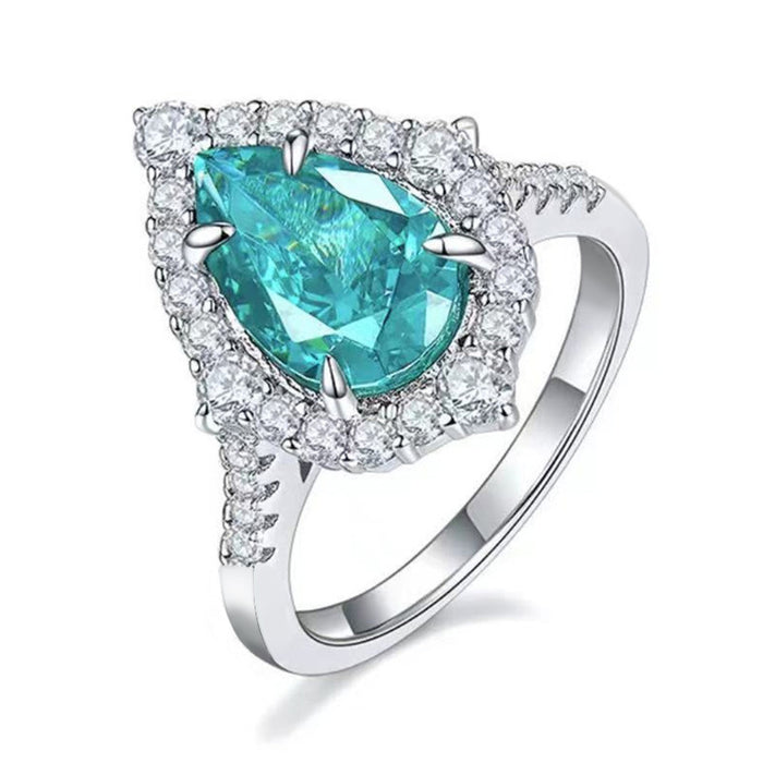 Blue Green Pear Halo CZ Ring Silver Tone Pave Band
