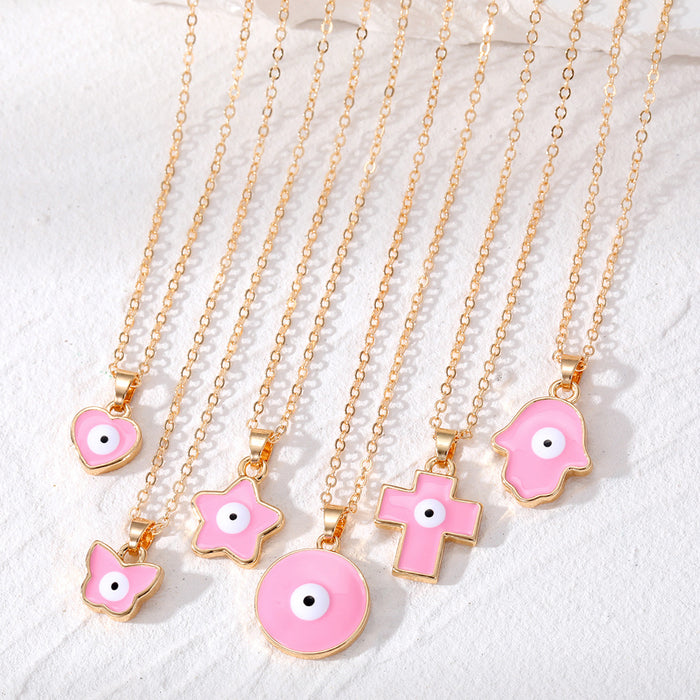 Gold Tone Pink Shape Evil Eye Pendant Necklaces in Six Styles