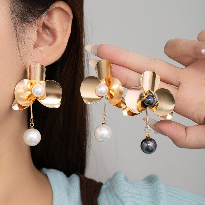 Gold Flower Pearl Look Long Drop Earrings in Two Colors