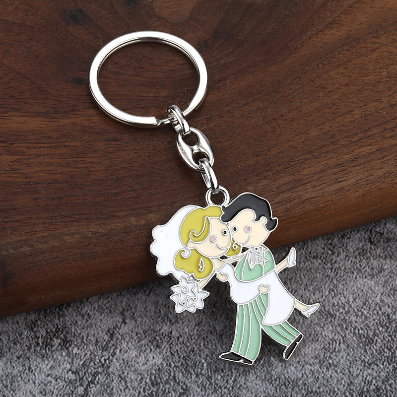 Bride and Groom Enamel Keychain, Cute Couple Metal Bag Charm