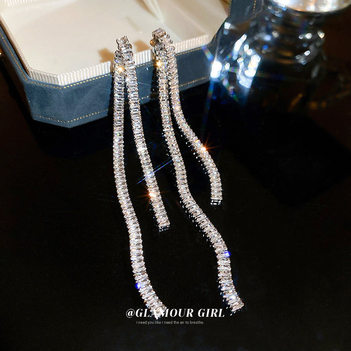 Silver Tone Triple Crystal Chain Fringe Earrings with Polished Metal Accents