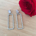 Rectangular Pavé Frame Long Drop Earrings in Silver Tone view 4