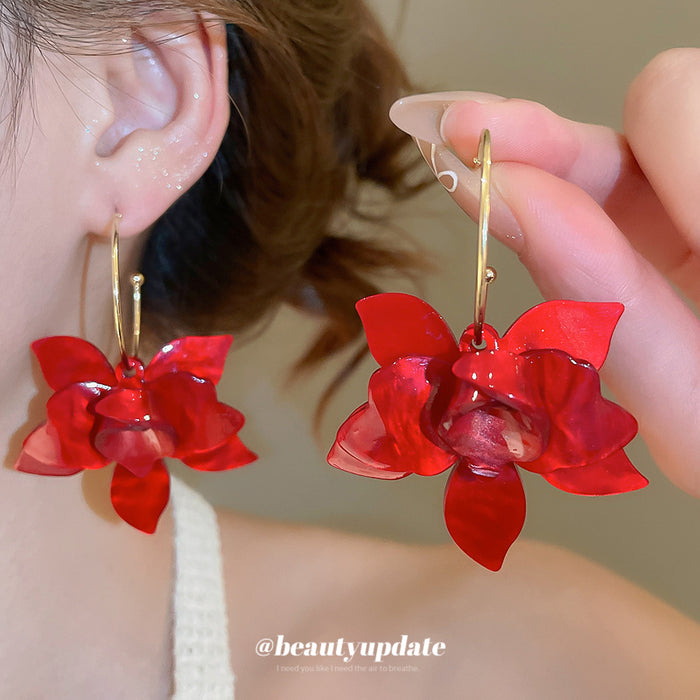 Red Resin Flower Cluster Hook Earrings Statement Pair