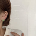 Gold Tone Green Cat Eye Oval Stone Pearl Halo Stud Earrings view 3