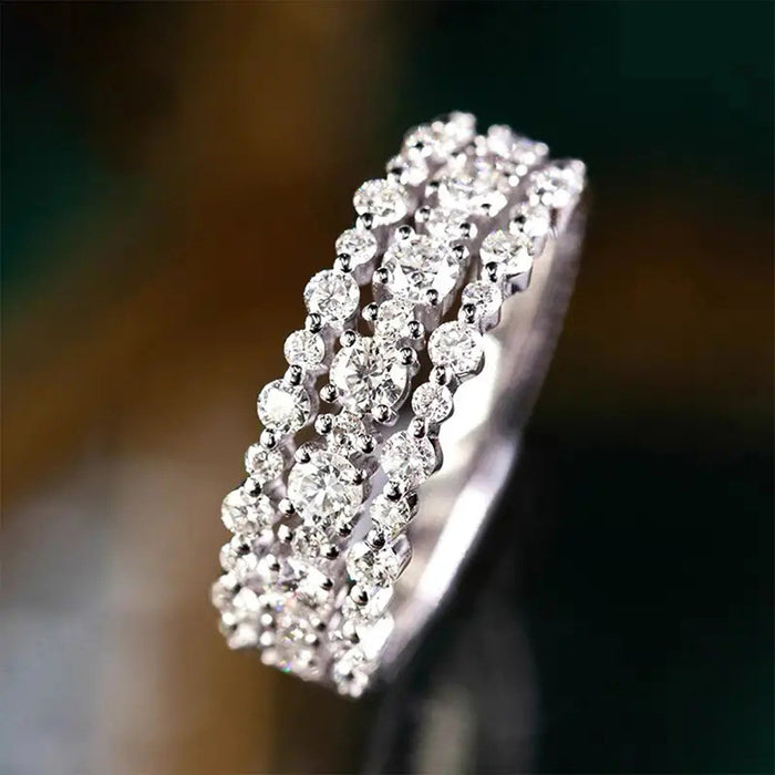 Silver Three Row Round CZ Band Finger Ring Sizes 6-10