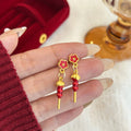 Red and Gold Auspicious Motif Long Dangle Earrings in Ten Styles view 3