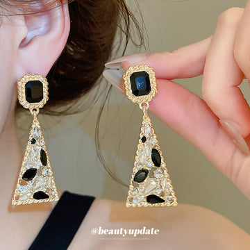 Black Crystal Geometric Triangle Drop Stud Earrings