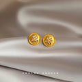 Gold Brushed Round Clover Center CZ Disc Stud Earrings view 1